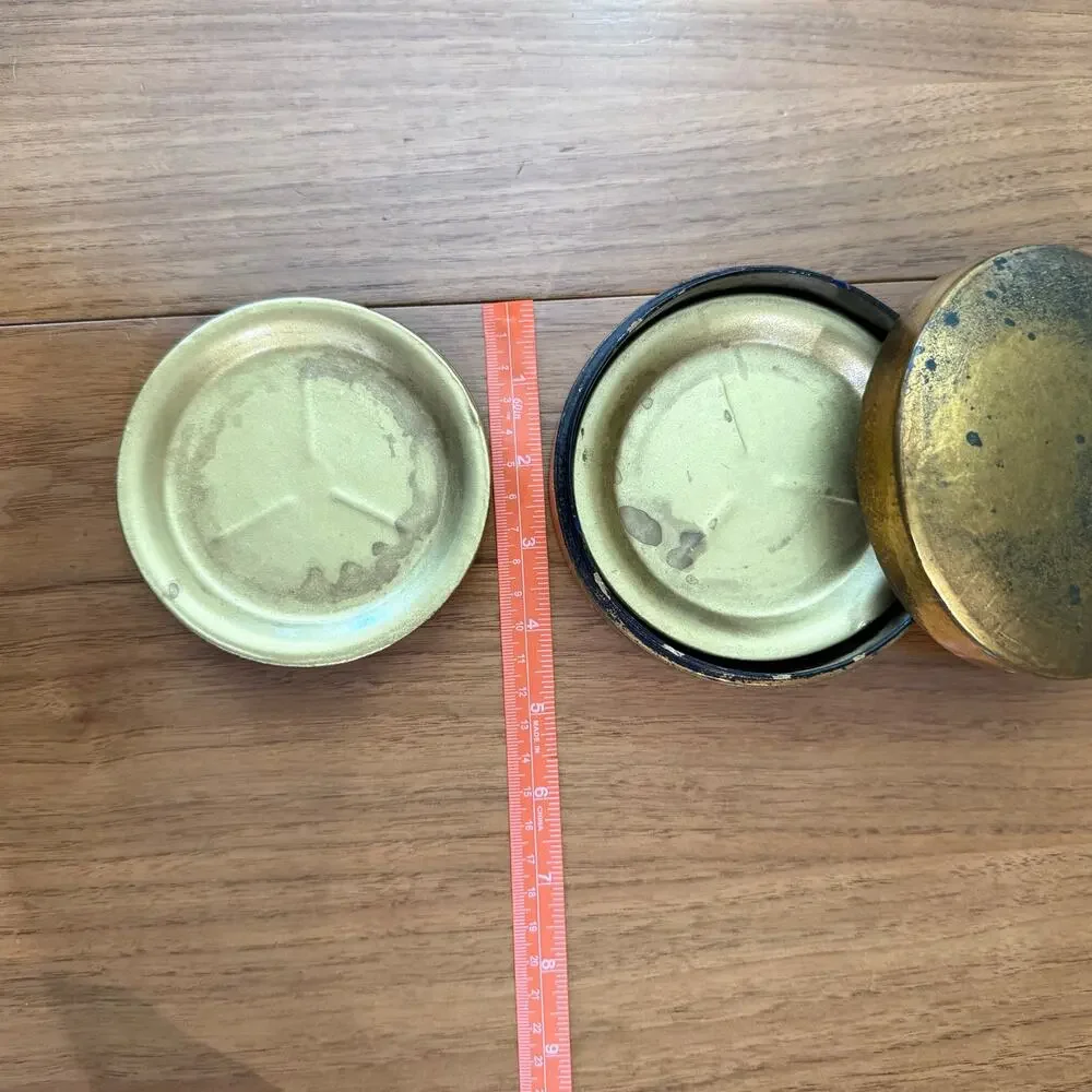 Coaster Set of 6 Gold Tone Metal Aged Patina Black Lacquer Round Wood Box Japan